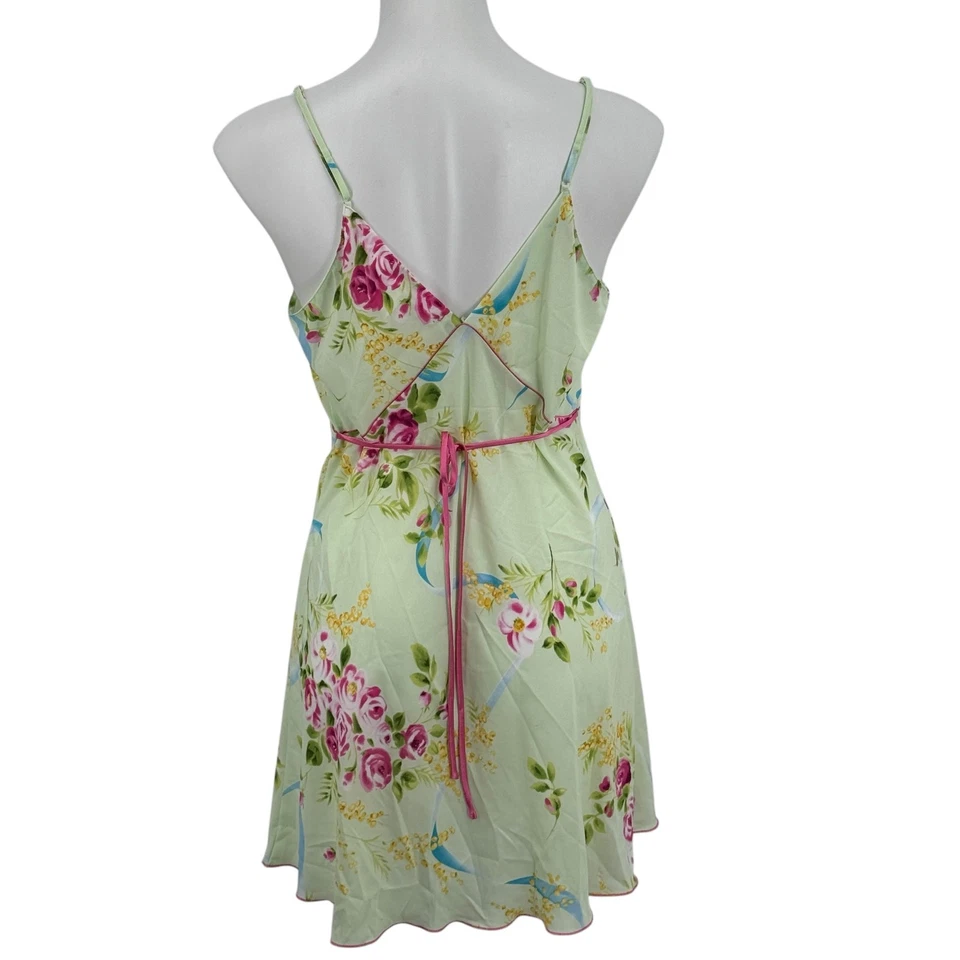 Oscar de la Renta Satin Night Gown Y2K Babydoll M Womens Green Floral VTG Sexy - Image 2 of 4