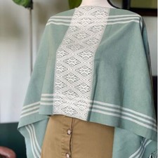 Mayan Hand Embroidered Green Cotton Poncho One Size Mexican Huipil Boho Shawl