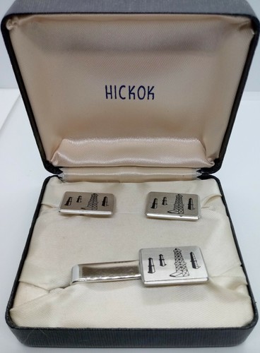 Hickok Vintage Oil Well Rig Cuff Links & Tie Tac Clasp Bar Tack in Box Cufflinks