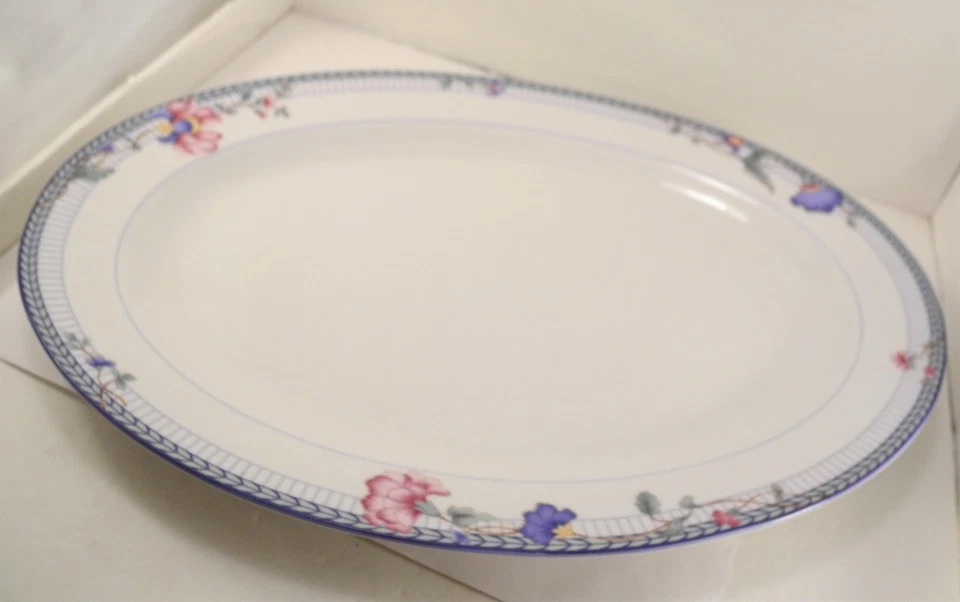 Тарелка сервировочная Oneida синяя решетка 14 дюймов цветы цветочный фарфор блюдо большая - Изображение 2 из 4