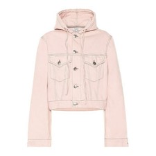 Ganni Hooded Washed Wide Bell Flared Sleeve Cropped Denim Jean Jacket Pink-34