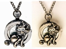 ANTIQUE CAT  DARK BLACK OR LITE BRONZE  FINISH WATCH PENDENT WITH CHAIN