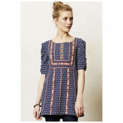 Akemi + Kin Anthropologie Navy Blue Embroidered Long Tunic Top Mini Dress XS