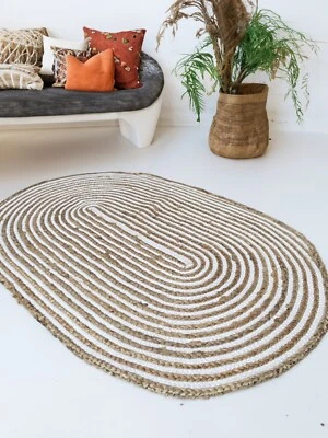 Rug Oval Rugs Jute Natural White Cotton Mat Braided Stripe Reversible Mats - Image 1 of 4