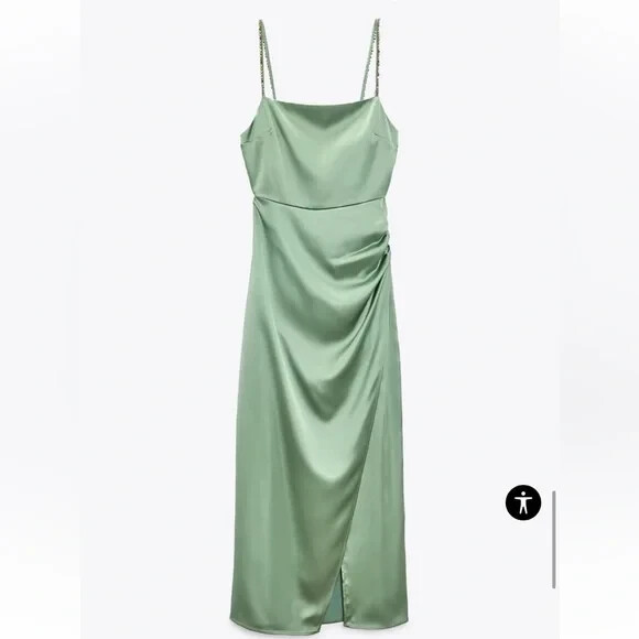 zara beaded satin effect dress NWT ZARA WOMEN'S BEADED STRAP SATIN EFFECT DRESS GREEN SIZE L 7765/899