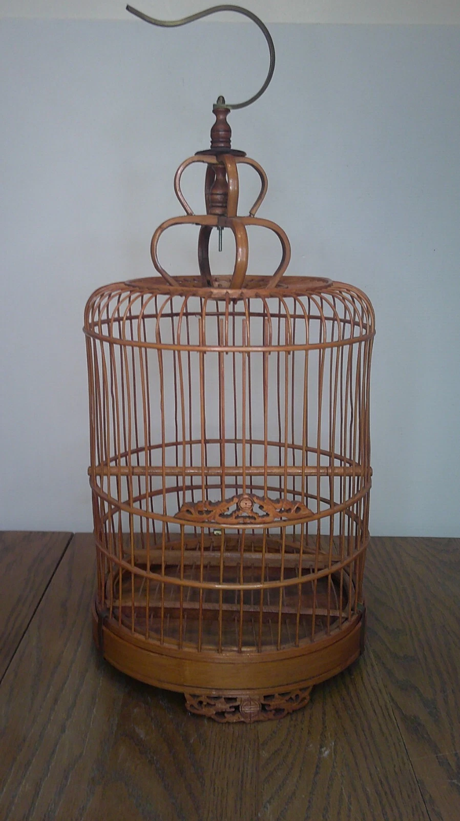 antique Bamboo round bird cage handmade hangs up or sits on table 21" tall Q