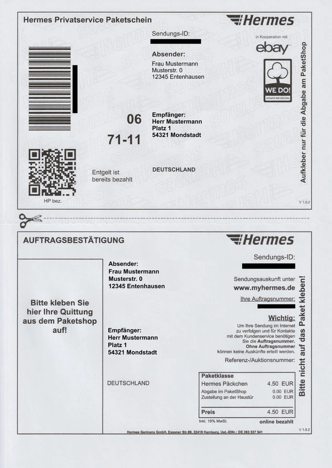Hermes Versandaufkleber Online Paketschein Versandschein Etiketten selbstklebend