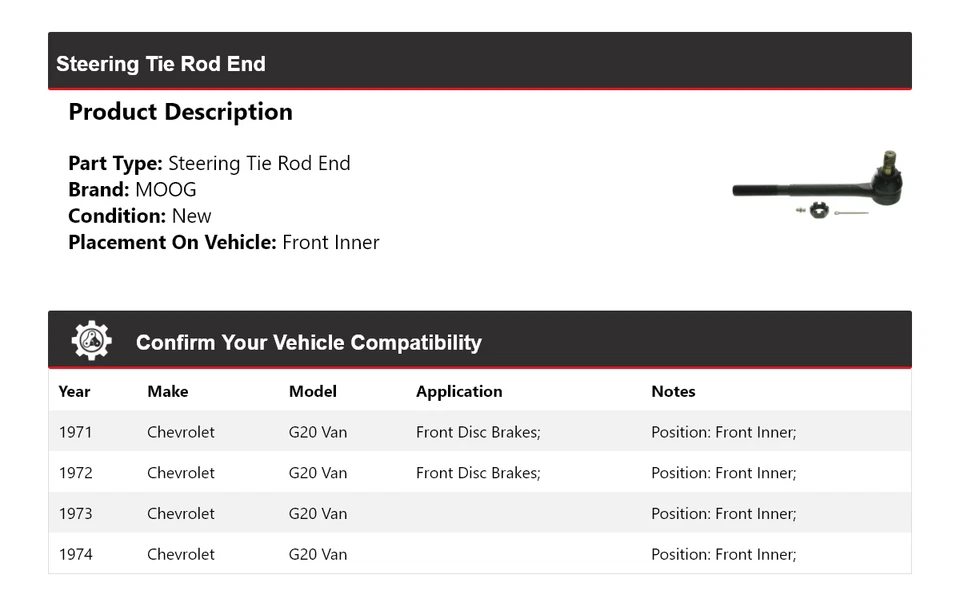 Para Chevrolet G20 1971-1974 furgoneta barra de dirección extremo interior delantero MOOG 1971 1972 Foto 2 de 4