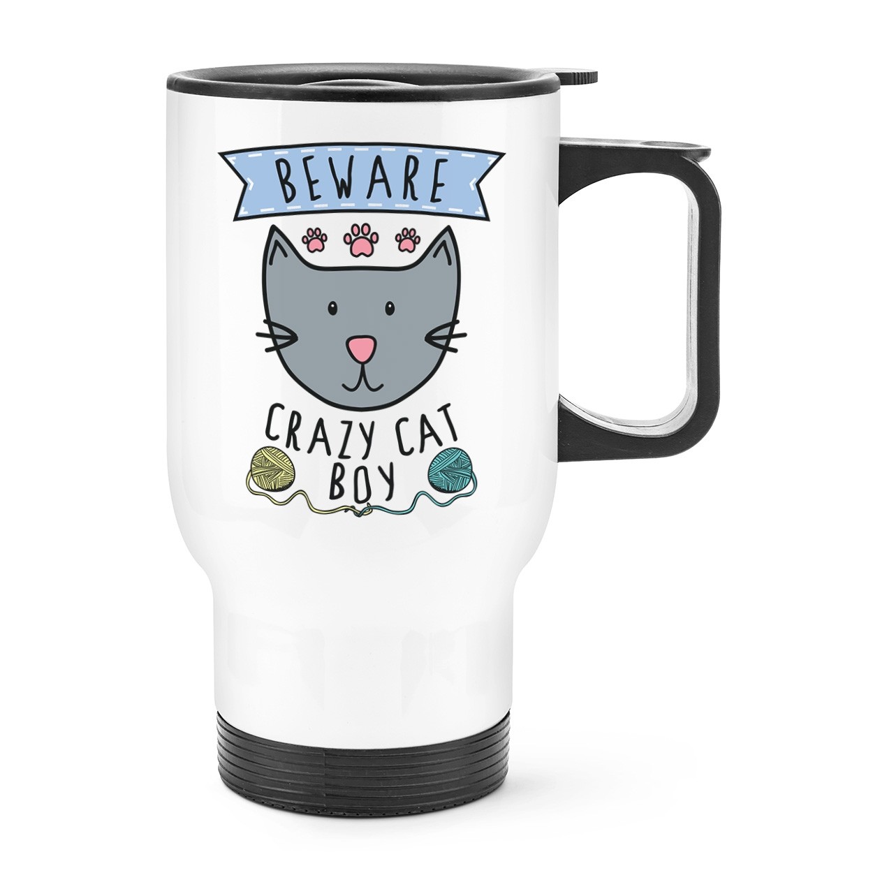 Beware Crazy Cat Boy Travel Mug Cup With Handle - Funny Thermal Flask Puppy