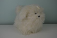 Vintage 1984 Dakin White Puppy Dog Plush Stuffed Animal Toy Long Hair Bow Fluffy
