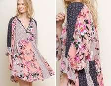 Umgee ruffle pink floral boho mini dress patchwork V-neck puff sleeve Sz S