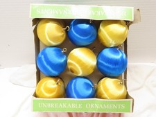 9 Blue Gold Satin Spun Silk Sheen Christmas Balls Ornaments Styro 3" D5065