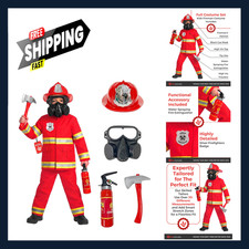 Kids Firefighter Costume Reflective Stripes Helmet Playset Sizes 3-12 Years