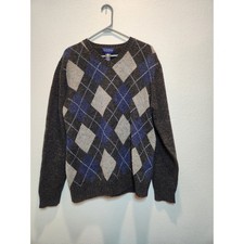 Club Room Charter Club Lambswool Argyle V-Neck Sweater Charcoal Blue Grey Medium