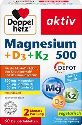 Doppelherz Magnesium 500 D3 K2 hochdosiert vegetarisch 60 Depot Tabletten