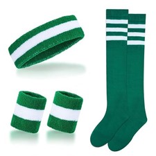 Haakong Striped Sweatbands Set Sports Headband and Wristbands White and Green