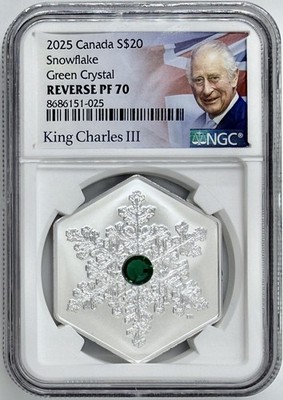 2025 Canada Snowflake Green Crystal $20 Silver Coin Reverse Proof NGC PF70