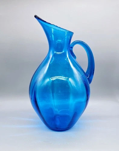 Vintage Blenko Glass 13.5" Ribbed Optic Hand Blown Blue Pitcher #991