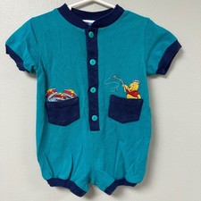 Vintage Disney Winnie the Pooh Baby Romper Teal Navy Fishing 18M 90s Retro