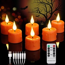 6 PCS Halloween Orange LED Tea Light Candles Rechargeable Flickering Pumpkins