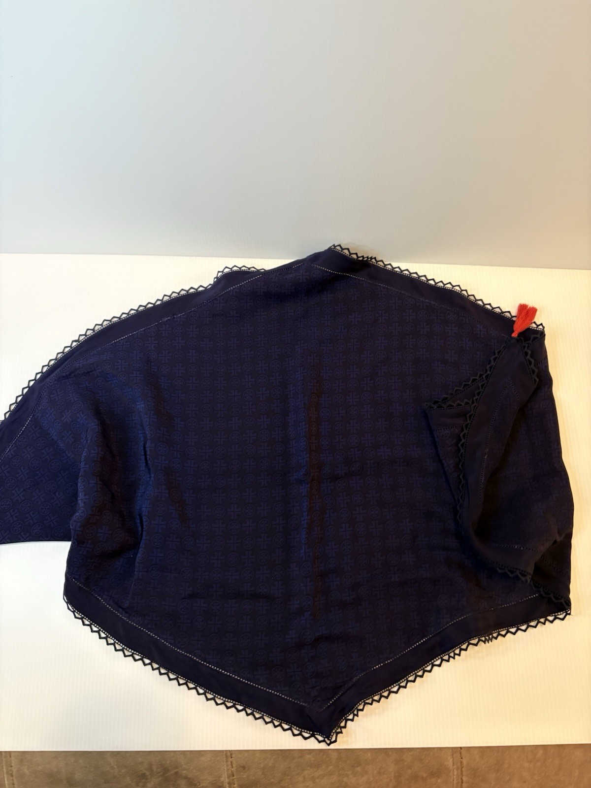 Tory Burch Monogram Triangle Scarf with Tassels – Navy Blue Lace Trim