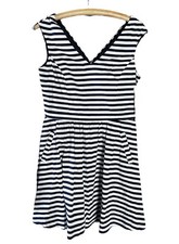 NEW ZARA Navy Striped Dress Lg Double V-neck w/Pockets Nautical Old money Preppy