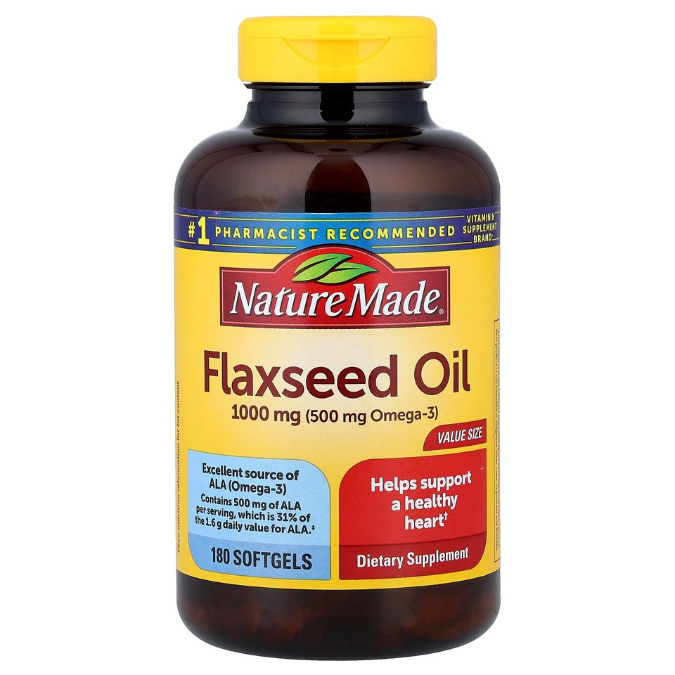 Nature Made Flaxseed Oil 1000 mg 180 Softgels Gluten-Free, No Artificial