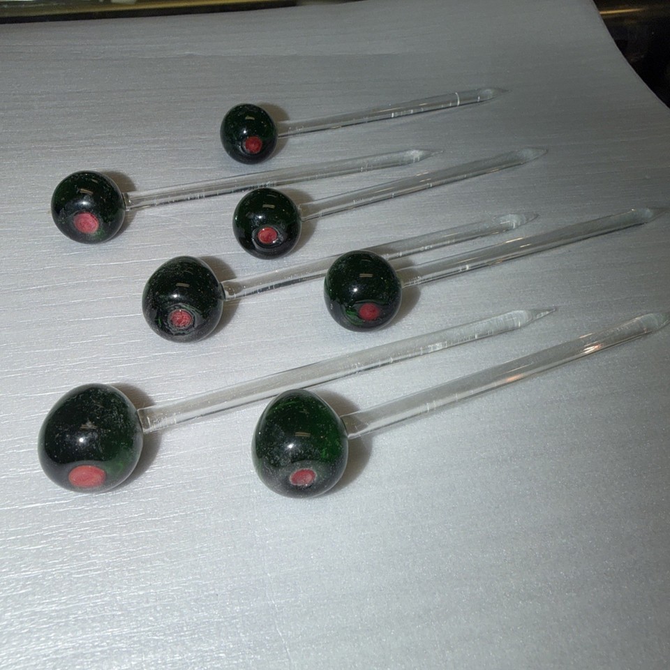 VTG Set of 7 Hand Blown Glass Green Olive Cocktail Picks Martini Swizzle Sticks