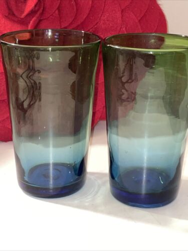 VTG Mexican Art Glass Tumblers Hand Blown Glasses (2) Green Fade To Blue