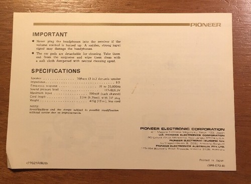 PIONEER SE-205 STEREO HEADPHONES ORIGINAL OPERATING GUIDE P059 - Picture 2 of 2