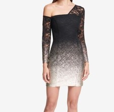 $128 Guess Women's Black Lace Ombre One Shoulder Long Sleeve Bodycon Dress Sz 14