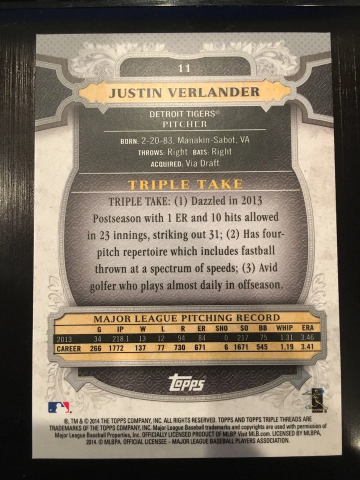 2014 Topps Triple Threads #11 Justin Verlander Detroit Tigers - Image 2 of 2