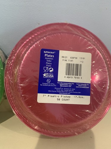 Amscan Big Party Pack 50 Plastic Plates 7'' Green Tint & Pink Tint LOT OF 2 - Picture 3 of 3
