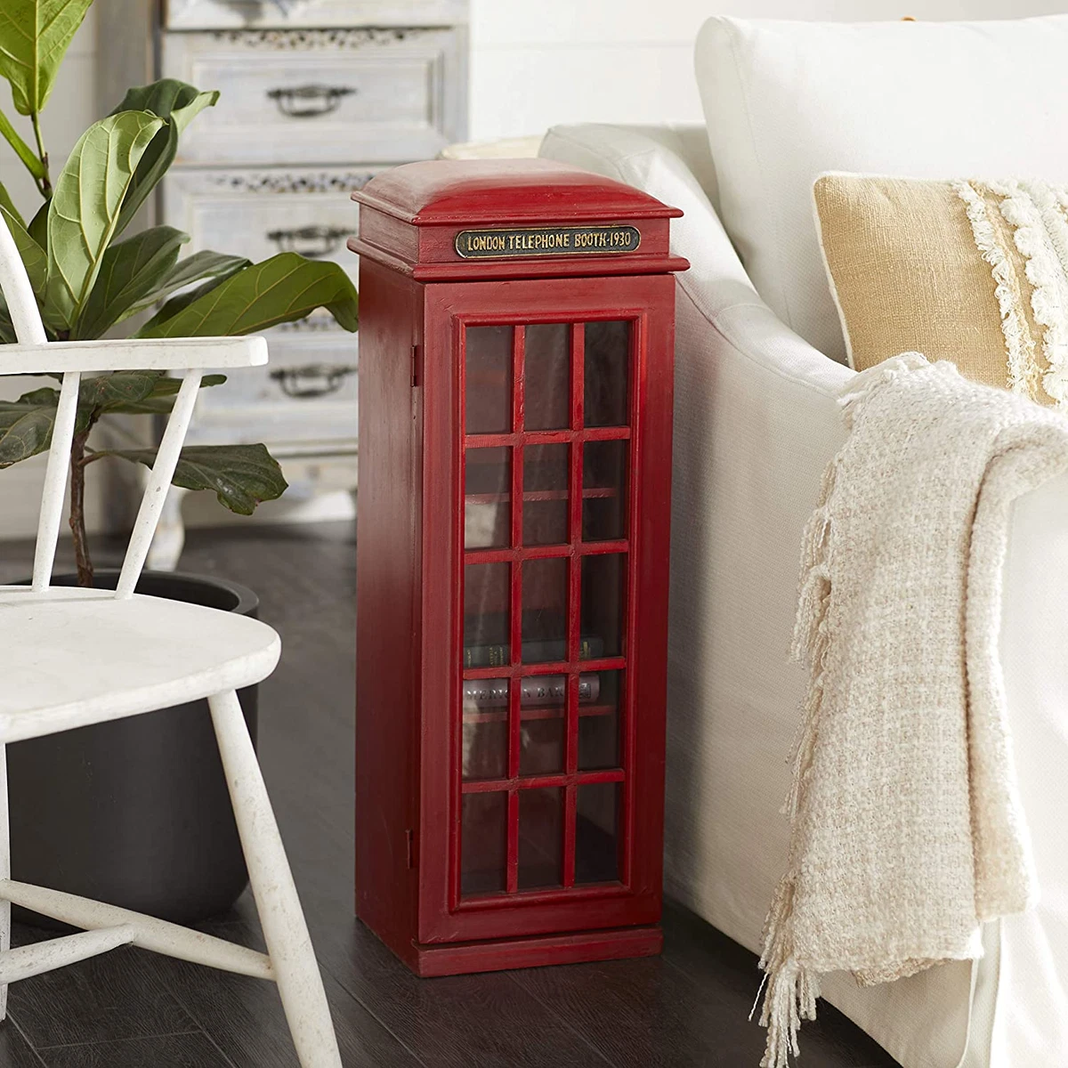 London Telephone Booth 3 Tier Media Storage Cabinet Solid Wood Vintage Style Red