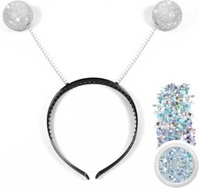 Alien Headband with Glitter, Silver Martian Antenna Headband Glitter Ball