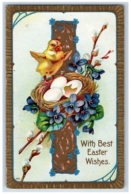 Easter Postcard Holy Cross Baby Chick Hatched Egg Nest Flowers Embossed 1912