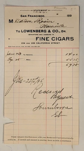 1890 Billhead San Francisco California Lowenberg Fine Cigars