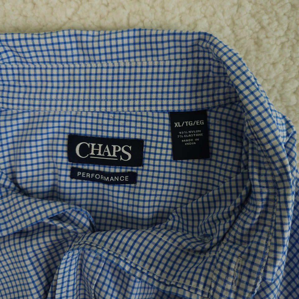 Camisa Chaps Para Hombre XL Azul Blanco Cuadros Rendimiento Manga Larga Abotonada Golf  Foto 4 de 4