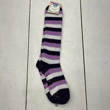 Winter Lace Purple Striped Soft Fuzzy Socks W/Slipper Bottoms Women's One Size