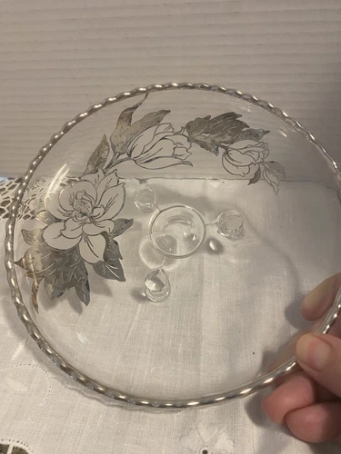 Vintage Tri footed silver inlay Clear Glass Serving Dish