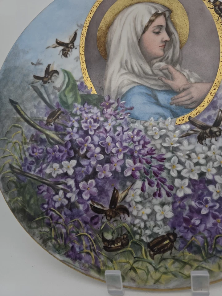 Plaque Signee Porcelaine Peinte Art Nouveau Vierge Marie Scarabés - Photo 2/4