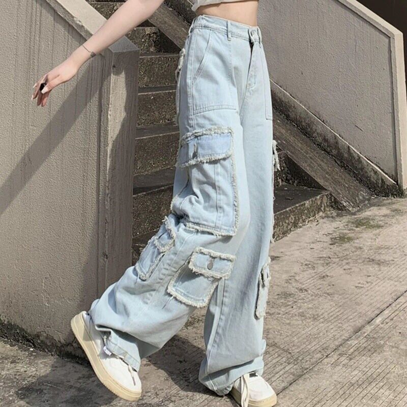 Lady Cargo Pants Denim Trousers Frayed Raw Hem Waist Wide Leg | eBay