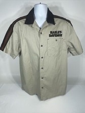 Harley Davidson Shirt Mens Large Tan Motorcycles Mechanic Work Biker Ex Cond