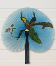 Chinese Paper Hand Fan Peacocks On Branch Black Handle Foldable 10  China