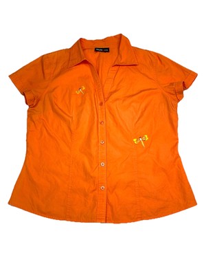Style & Co Orange Top Women Sz L Button Up Short Cap Sleeve V Neck Embroidered