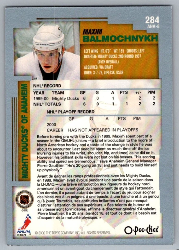 2000-01 O-Pee-Chee Maxim Balmochnykh Anaheim Mighty Ducks #284 - Image 2 of 2