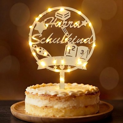 Cake Topper Einschulung Tortendeko Holz mit LED Licht für Schulkind Mädchen