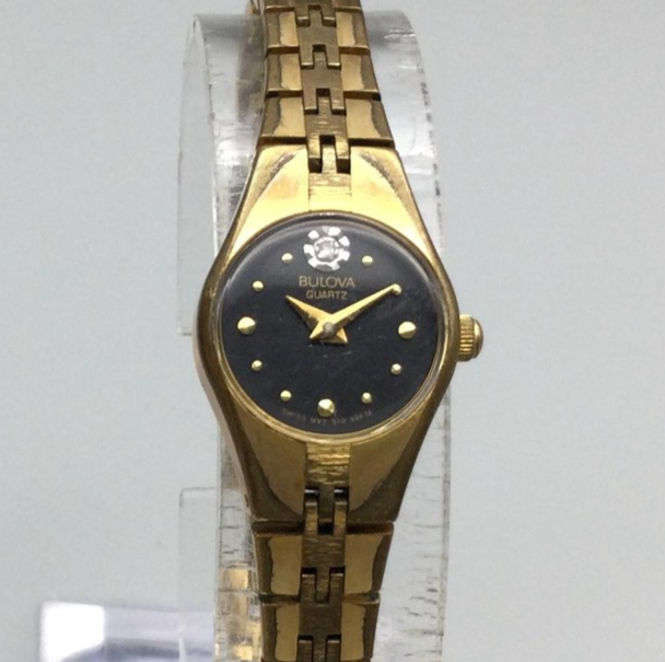 Vintage 80s Bulova Dress Watch Womens Black Dial 16mm 1986 P6 New