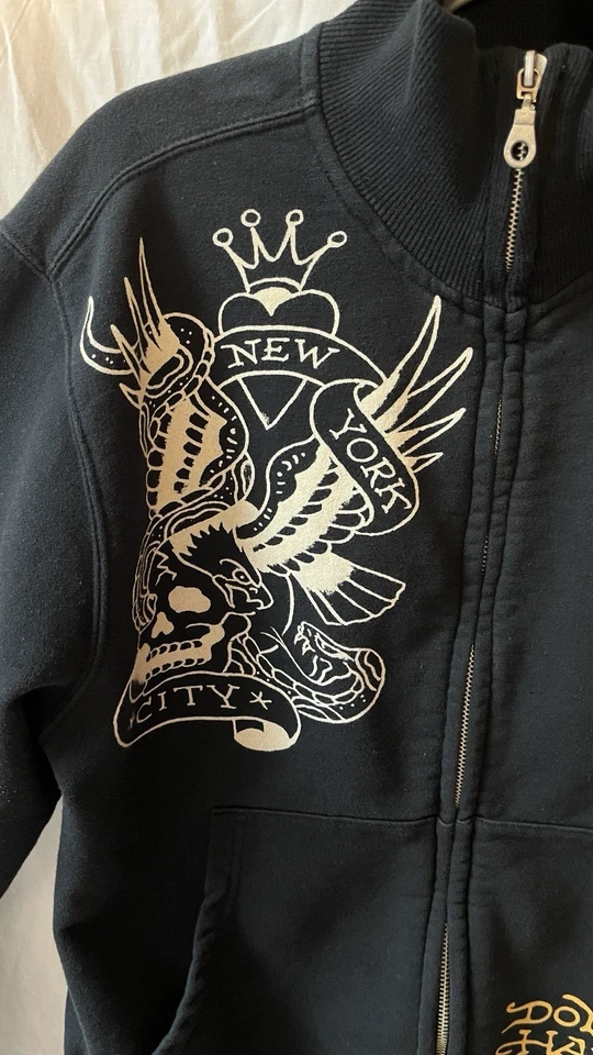 Don Ed Hardy Jacket M Christian Audigier Tiger Print Black Full Zip High Collar - Image 2 of 4