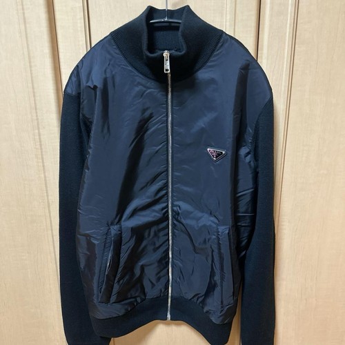 Prada Zip-Up Nylon Wool Knit Jacket